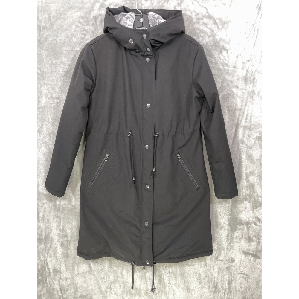 Seraphine Black Hooded Maternity Parka Long Coat Size 2 Insulated Full Zip